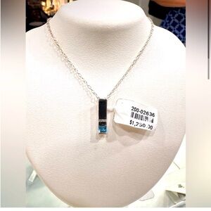 Topaz White Diamond solid 14k white gold Bar
Necklace Swiss Sky Blue Princess